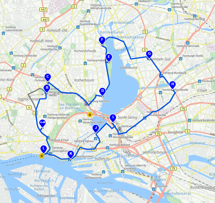 Die Beispielroute für Fahrradwerbung in Hamburg